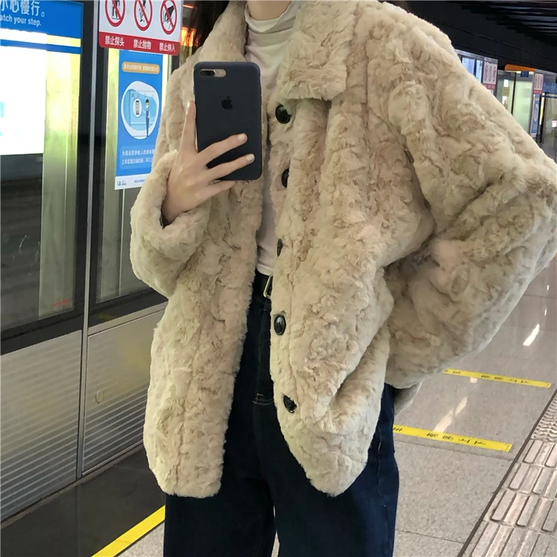 

Autumn And Winter Casual Street Korean Style Plush Fur Loose Lapel Jacket Jacket Short Windbreaker
